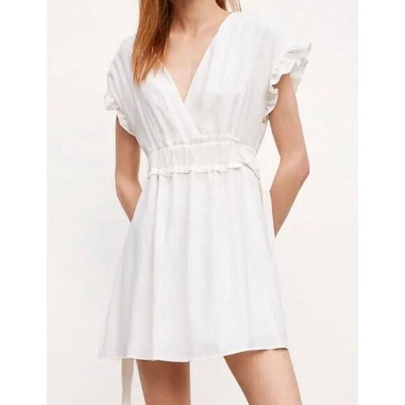 Zara Womens V Neck Side Tie Ruffle Mini Dress White Sz Small - Picture 2 of 10